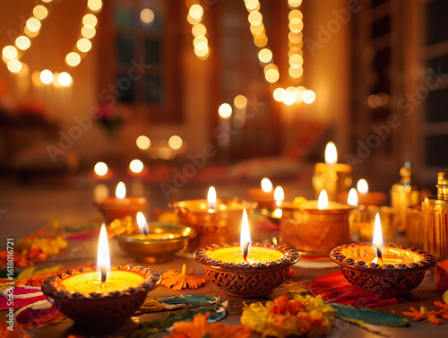 Illuminated earthen lamps with festive decorations