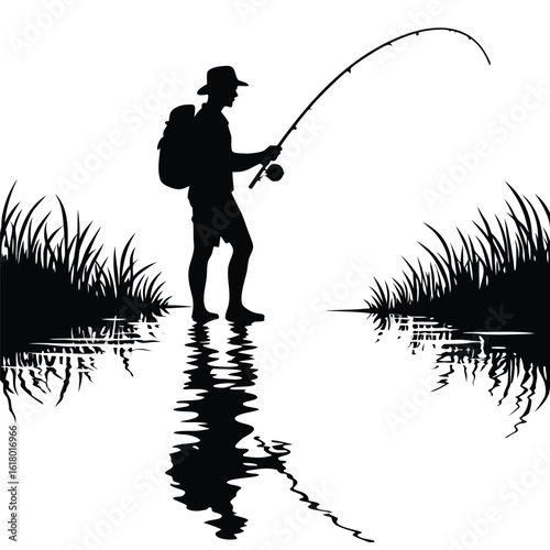 Fisherman casting rod by grassy water edge fishing reel