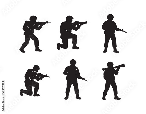 Fotografie Silhouetted Soldiers in Various Combat Positions with Rifles and Bazooka on Whit