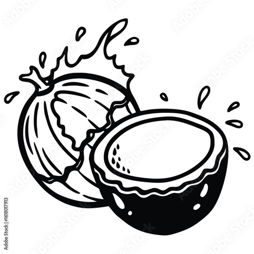 Vibrant fresh coconut split open with a splash of milk isolated on white background isolated on transparent background