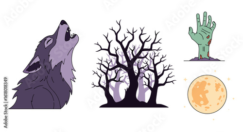 Spooky Halloween illustration featuring a howling wolf, dead trees, a zombie hand, and a full moon, perfect for autumnal designs and decorations.