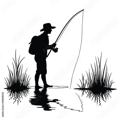 Fisherman casting rod by water with reeds fishing reel