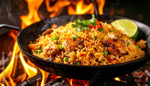 Flaming delight: a vibrant dish of spiced rice with chicken amidst fiery embers