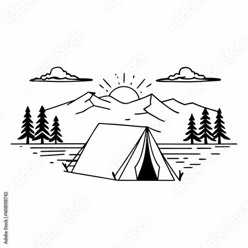 Minimilist camping scene with tent mountains trees clouds and sun in a minimalist black and white line drawing style vector