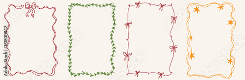 Hand drawn ink Christmas vintage frames. decoration border with fir branches, stars, ribbon, bows. Minimalist line art. Vector New Year design holiday for poster, placards and invitations.