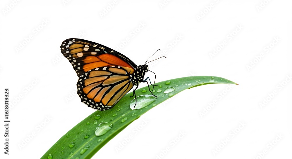 Obraz premium 鮮やか羽根 露滴る葉に止まる蝶 優美な姿. AI Generated