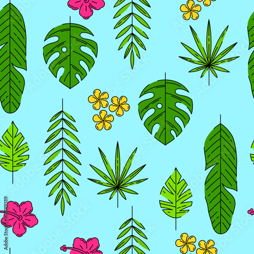 Pattern with stylized palm leaves. Decorative image of tropical foliage and plants.