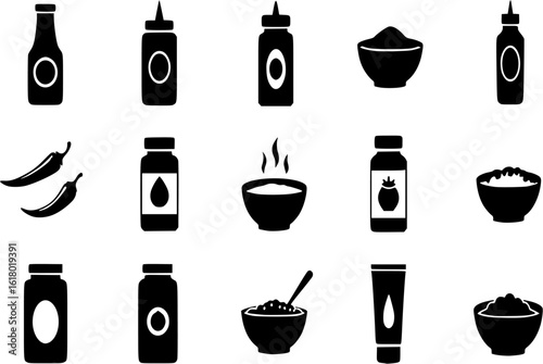Condiments and sauces silhouette icons set – solid style kitchen essentials, seasoning, and flavor symbols for culinary use: ketchup, mustard, jar, hot sauce, salt, bottle, bowl, tube