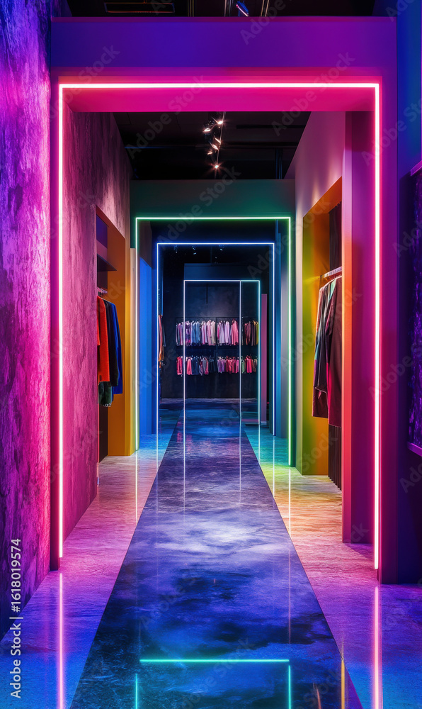 Fototapeta premium Vibrant fashion retail space with neon lights