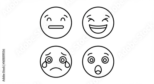 Four distinct black and white outlined emoji faces showing different emotions and expressions clearly visible vreated with genrated ai