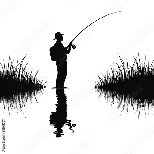 Fisherman casting rod in calm water with grassy banks fishing reel