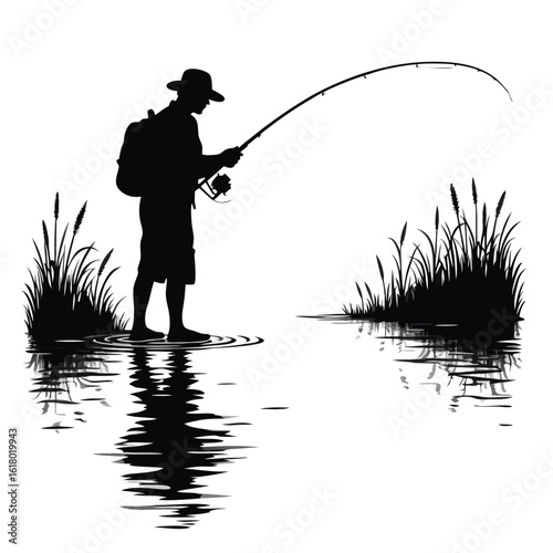 Fisherman casting rod in water surrounded by reeds fishing reel