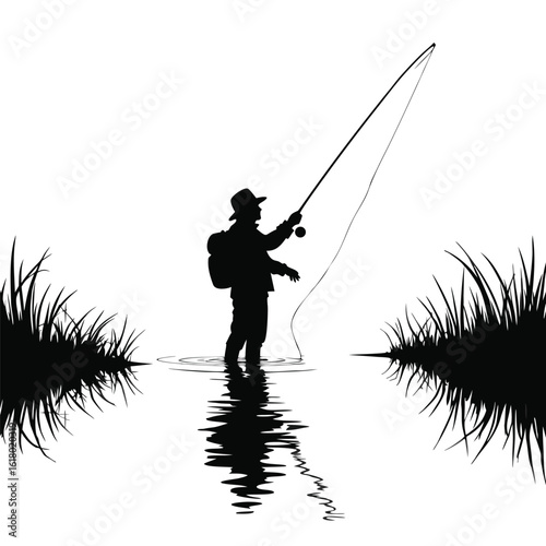 Fisherman casting rod in water with grassy banks fishing reel