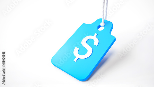 Blue Price Tag With White Dollar Sign On Minimal Background For E-Commerce Visuals, Retail Marketing Concepts, Online Shopping Trends, And Modern Sales Promotion Branding