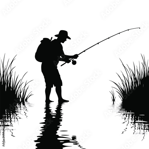 Fisherman casting rod in water with grassy banks fishing reel