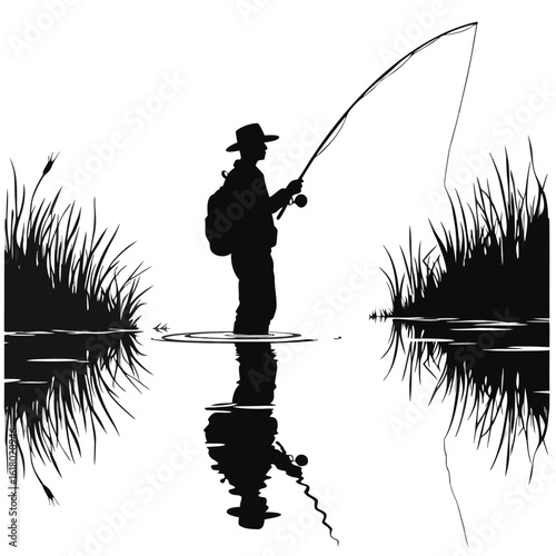 Fisherman casting rod in water with reeds and reflection fishing reel