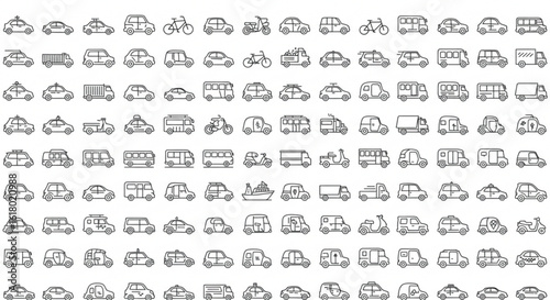 Collection of various vehicle icons including cars buses bikes and trucks in a line art style design vreated with genrated ai