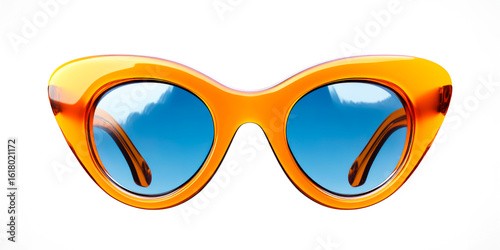 Trendy Orange Cat-Eye Sunglasses With Blue Lenses On White Background For Summer Fashion Visuals, Stylish Accessory Concepts, Vacation Lifestyle Trends, And Modern Eyewear Branding