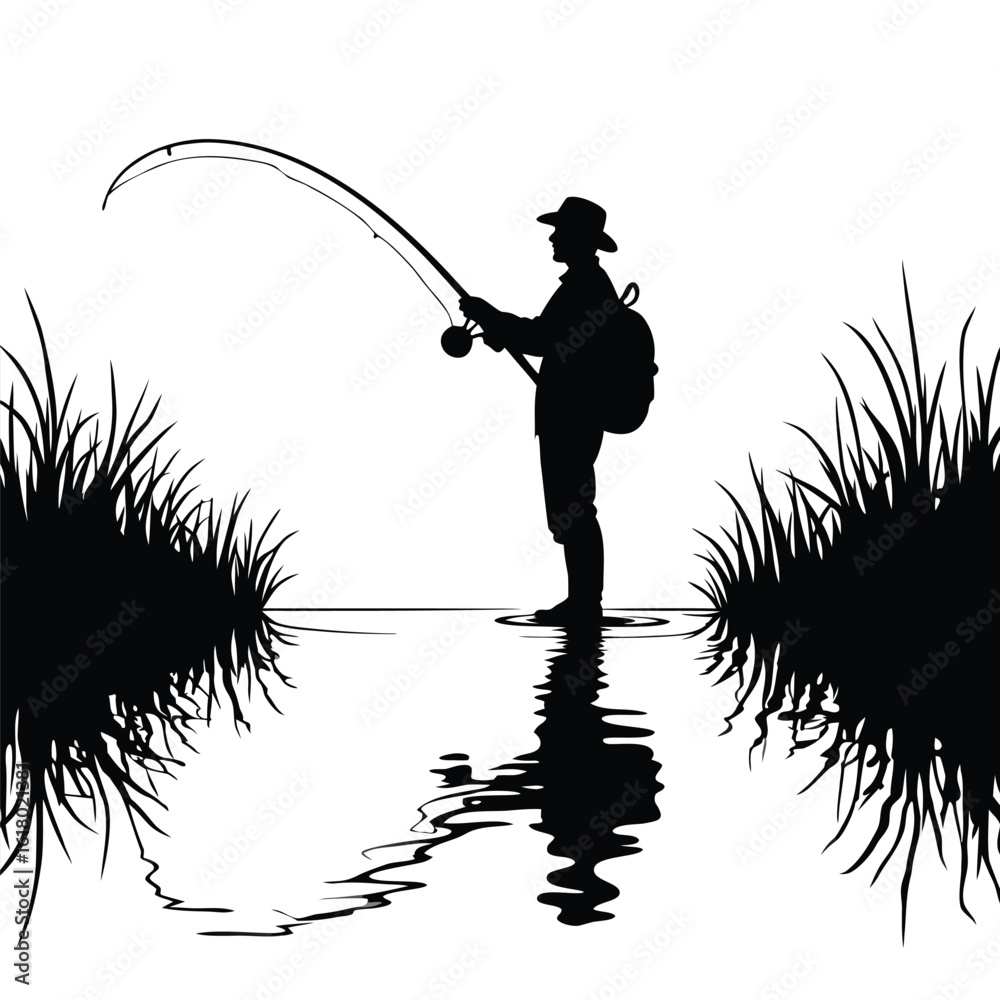 Obraz premium Fisherman casting rod in water with reeds fishing reel