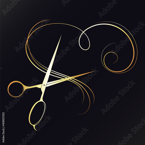 Hairstylist scissors and heart made of hair curls, gold design for beauty salon