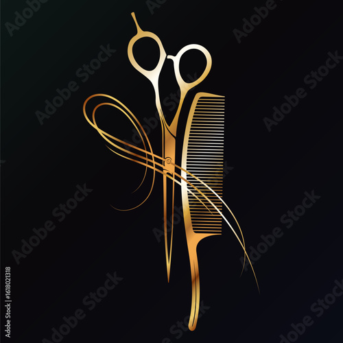 Hairstylist scissors, comb and hair curl. Golden design for beauty salon
