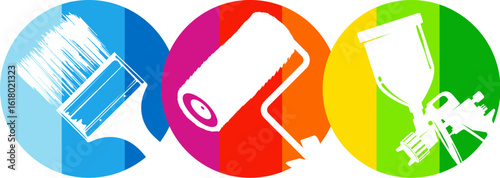 Paint brush, roller and spray gun color symbol in circle