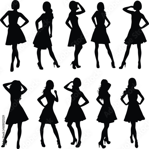 Ten fashion model silhouettes in short dresses posing on a white background
