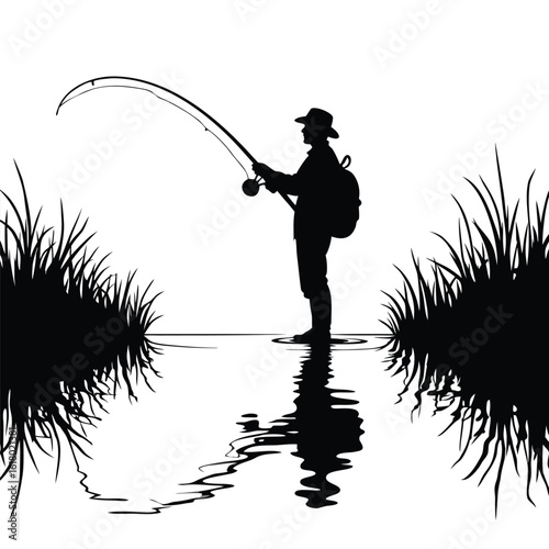 Fisherman casting rod in water with reeds fishing reel