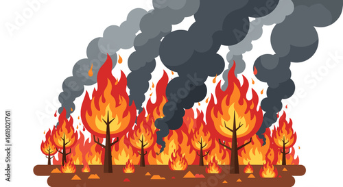 Vast forest fire engulfs trees in intense flames and thick dark smoke, symbolizing environmental destruction and natural disaster.