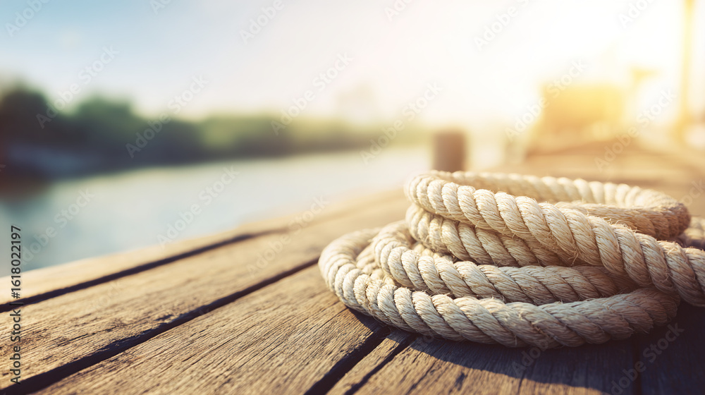 Fototapeta premium Close-up of a thick coiled rope on a weathered wooden dock, symbolizing unity with soft morning light.
