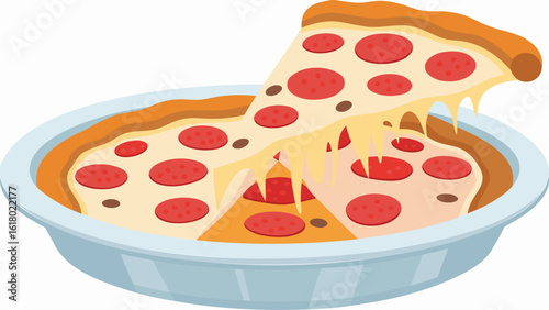 A pepperoni pizza in a light blue dish with a slice being pulled out showing cheese and pepperoni toppings