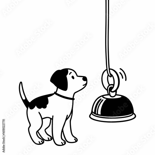 Cartoon puppy looking at a potty training bell on a white background vector