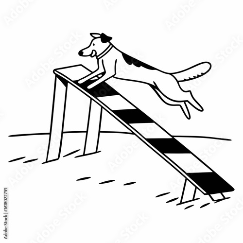 Dog jumping over agility seesaw obstacle on white background vector