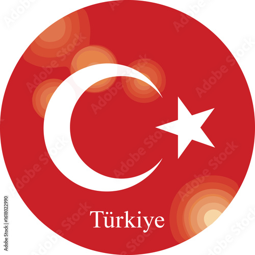 Turkish flag icon with crescent and star, Türkiye national symbol on red background, patriotic round emblem design, glowing bokeh light
