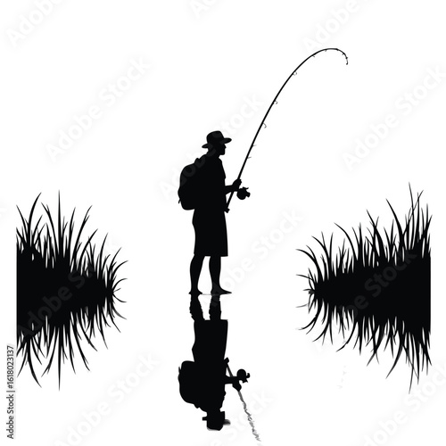 Fisherman casting rod on calm water with grassy reflections fishing reel