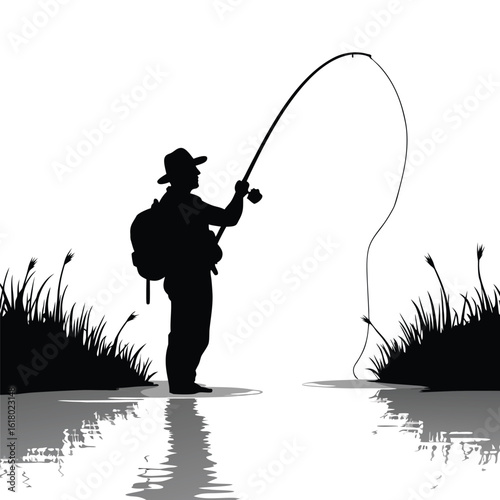 Fisherman casting rod silhouette with grass and water reflection fishing