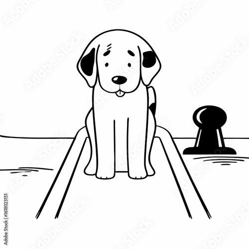 Black and white cartoon dog sitting on a path with water and a bollard puppy illustration