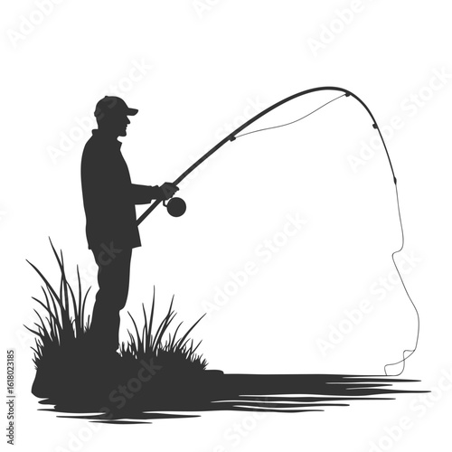 Fisherman casting rod with bent pole and grass fishing reel