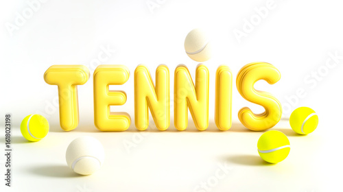 Yellow TENNIS Text With Flying Balls On White Background For Sports Lifestyle Visuals, Athletic Training Concepts, Tournament Promotion Trends, And Modern Fitness Branding Content