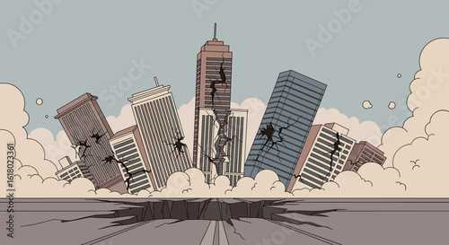 An illustration depicts a city under attack with buildings crumbling and cracking, showcasing destruction and a sense of disaster against a cloudy sky.