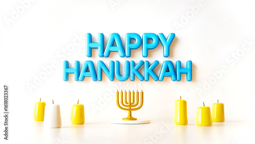 Happy Hanukkah Text With Golden Menorah And Festive Candles On White Background For Holiday Celebration Visuals, Jewish Tradition Concepts, Seasonal Greeting Trends, And Cultural Branding Content