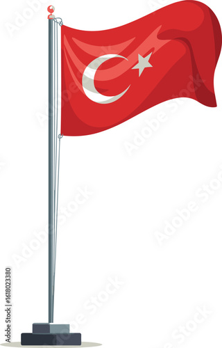 Turkish national flag on pole illustration, Türkiye crescent and star waving, vector patriotic symbol design on white background for celebration