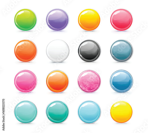 Collection of Shiny Colorful Buttons on White Background Representing Various Options and Choices in Abstract Illustration