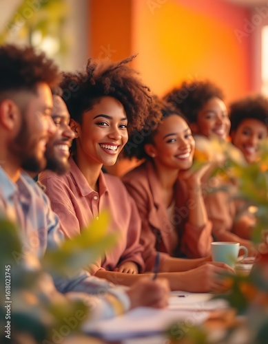Joyful Black Woman's Radiant Smile in a Warmly Lit Diverse Team Meeting, Highlighting Positive Collaboration