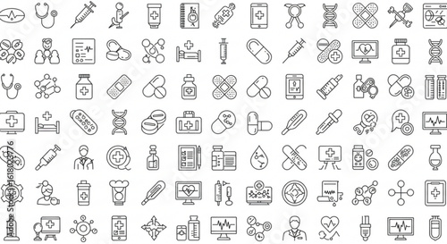 Collection of medical icons featuring medicine, healthcare, and scientific research in a line art style vreated with genrated ai