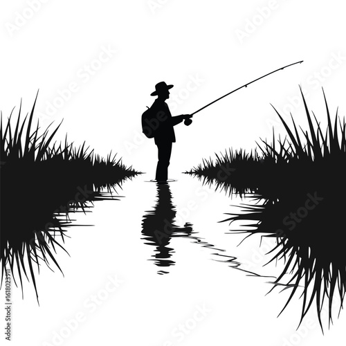 Fisherman silhouette casting rod in water surrounded by grass fishing reel