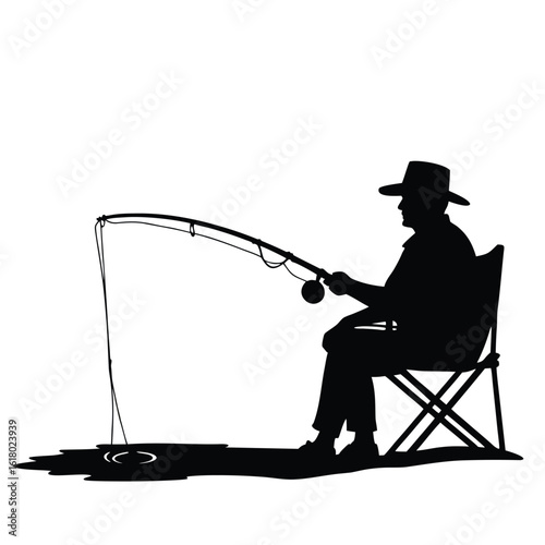 Fisherman silhouette casting rod from folding chair fishing reel