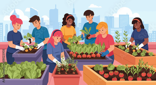 Diverse Group Cultivating Urban Garden with Vegetables and Plants on Rooftop.