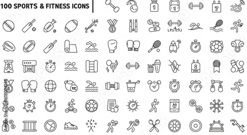 Collection of sports and fitness icons featuring various athletic activities and equipment symbols vreated with genrated ai