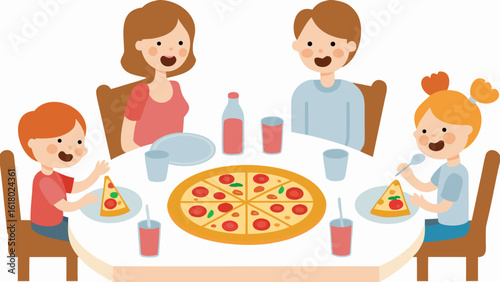 Family is sitting around a table eating pizza with drinks and plates in a cartoon illustration